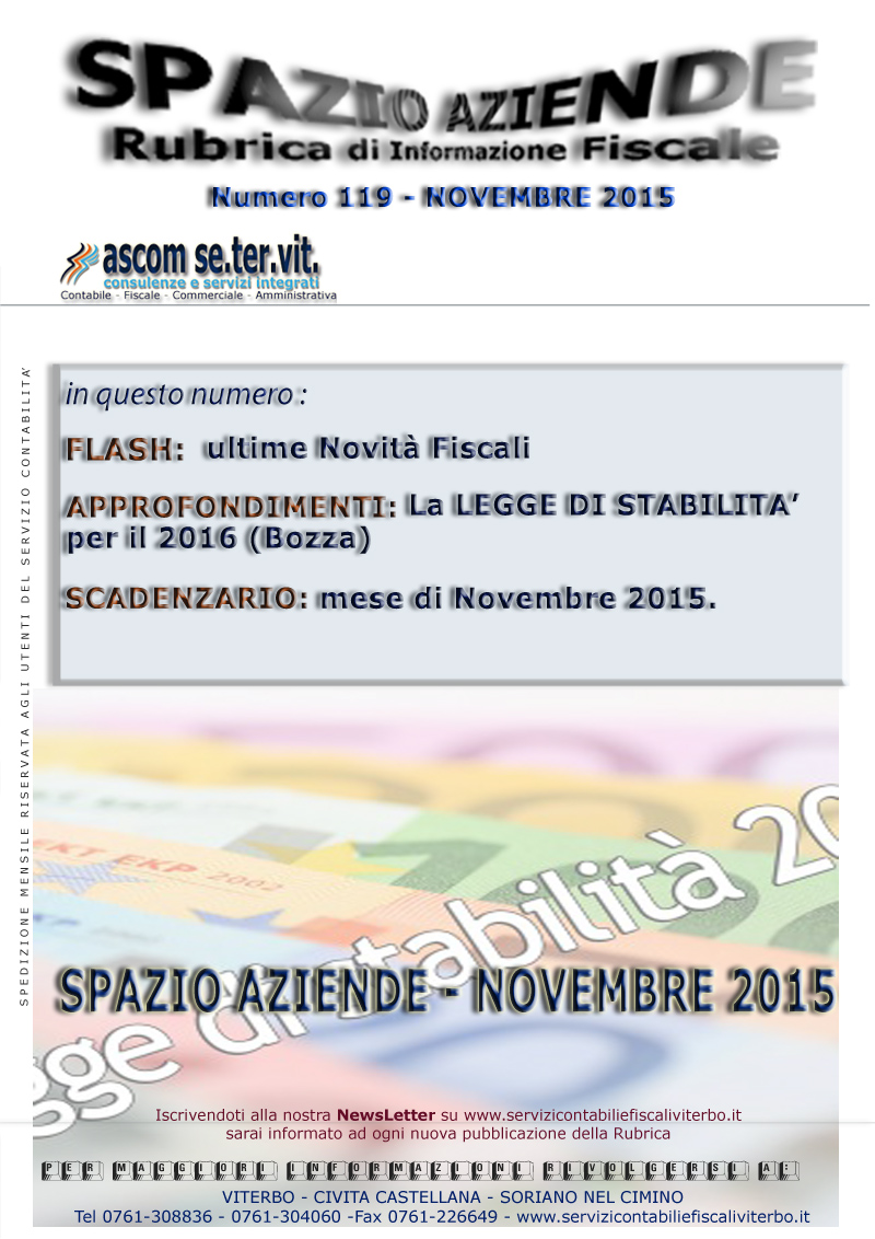 SPAZIO AZIENDE N.119 NOVEMBRE 2015 - LA LEGGE DI STABILITA' 2016