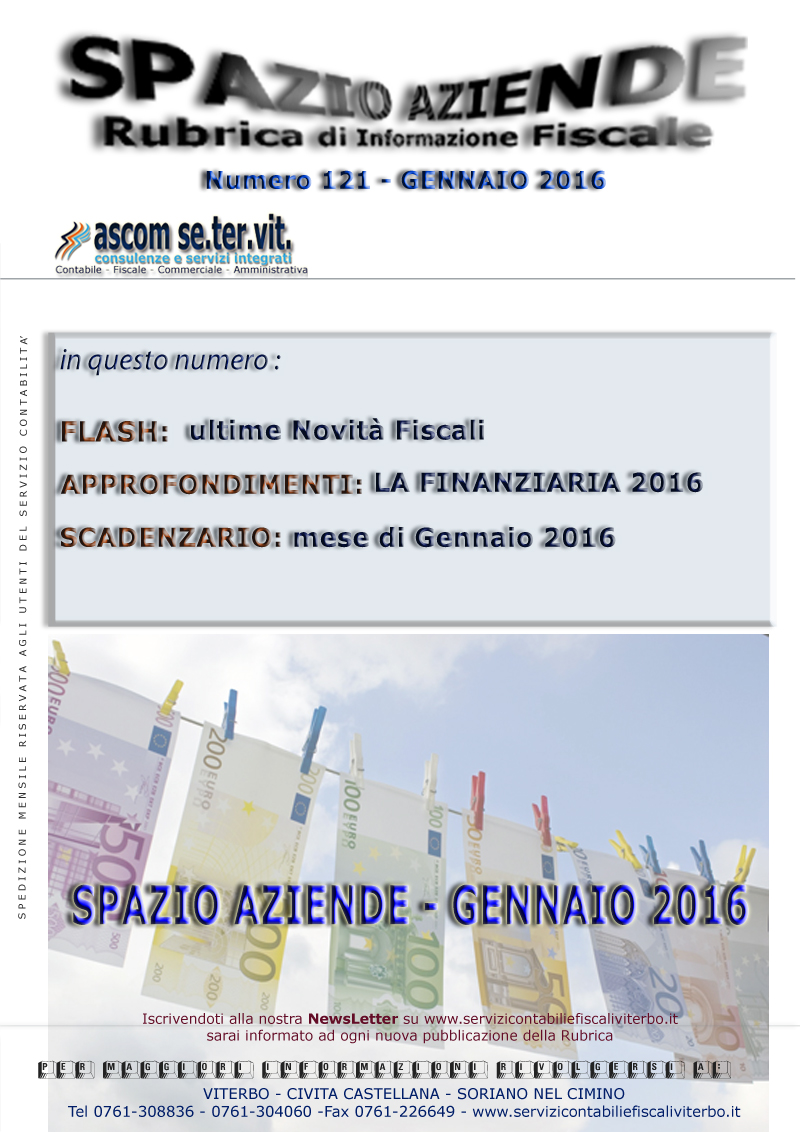 Spazio Aziende n. 121 Gennaio 2016 - LA FINANZIARIA 2016